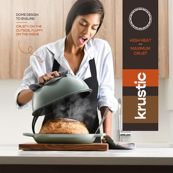 Krustic Enameled Cast Iron Dutch Oven for Professional Sourdough Bread Baking | 5.5 Quart Loaf Size Oval Cookware Pot with Lid | Triple-Layer Enamel Coating Pan with Non Stick Silicone Mat | Sea Salt