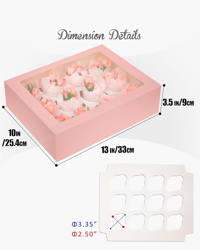 Bakepacker Auto-pop Up Cupcake Boxes with Window Pink 40PCS 12 Count Cupcake Box 13"x10"x3.5" Cupcakes Carrier, 12 Cupcake Containers with 2 rolls of pink ribbons