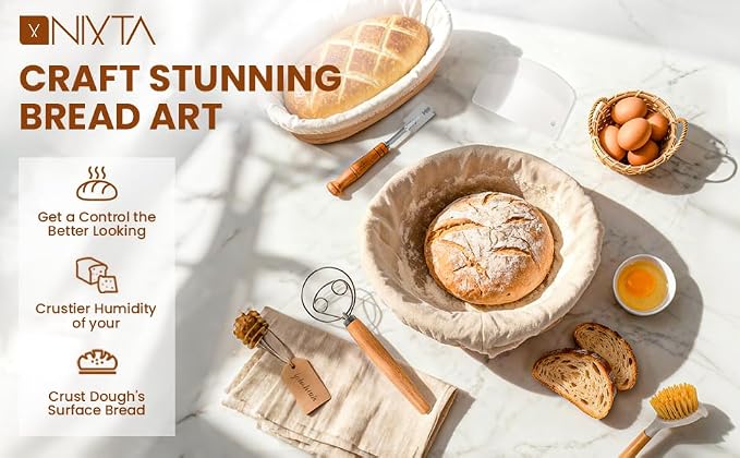 Nixta Bread Proofing Basket Set – 6-Piece Sourdough Bread Baking Kit with 9" Round & 10" Oval Banneton Baskets, Linen Liners, Danish Dough Whisk, Dough Scraper & 5 Stainless Steel Blades