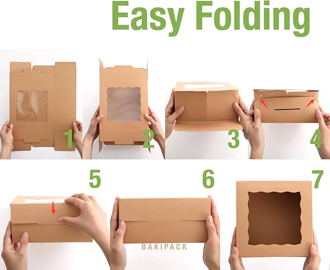 25 Kraft Bakery Boxes with Window, 8x8x4 Inches Cake Boxes with Window, Treat Boxes for Pastry, Cupcake, Cookies, Muffins, Pie