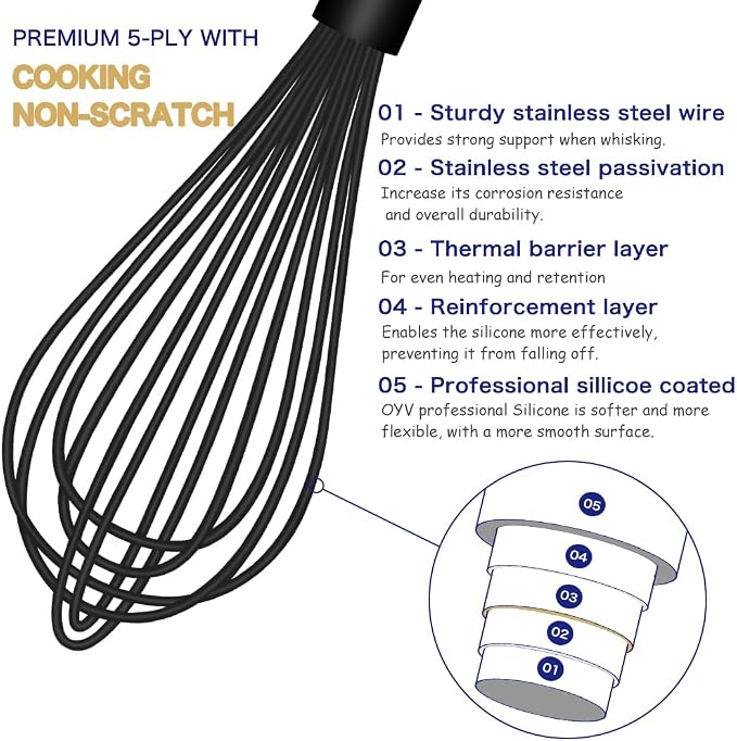 OYV Silicone Kitchen Bundle, Black Silicone Whisk Set of 3 and Rainbow Tongs Set of 2, Dishwasher Safe Tools for Cooking, Baking, Grilling, Salad and Nonstick Cookware