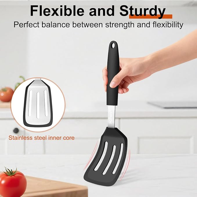 Silicone Slotted Spatula, 13 x 3.2 In, 600°F Heat Resistant (Black) | Flexible Turner, BPA Free, Non Scratch for Non Stick Frying Pan, Kitchen Cooking, Flipping, Dishwasher Safe