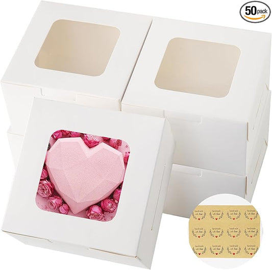 50pcs 5x5x2.5 Inches Cookie Boxes,White Bakery Boxes with Window,Small Treat Boxes,Mini Cake Boxes,for Pastry,Dessert,Cookies,Muffins,Donuts,Chocolate Covered Strawberries (5 * 5 * 2.5inch)