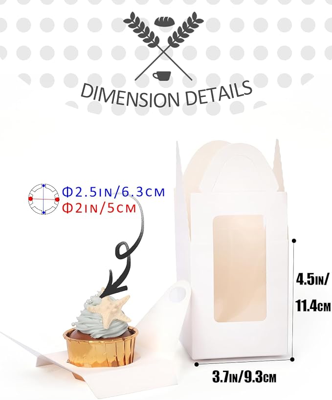 qiqee 100Packs Cupcake Boxes Individual Cupcake Holders Disposable White Single Cupcake Boxes with Window 3.7 * 3.7 * 4.5inch Cupcake Containers