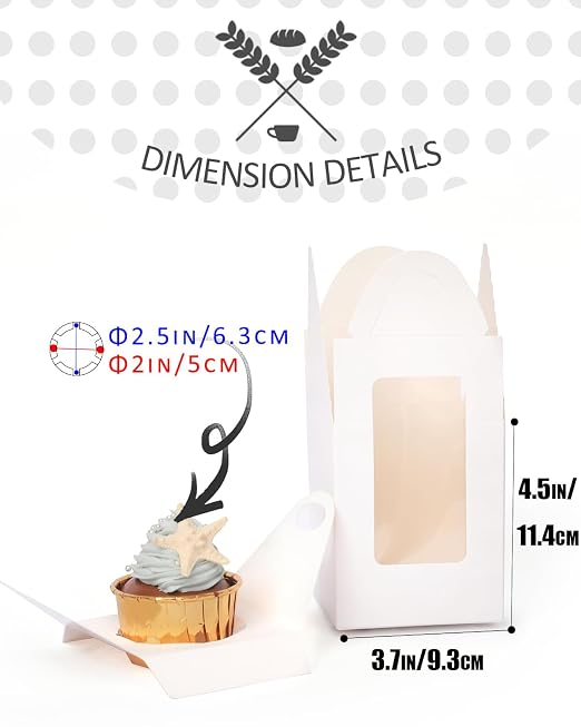 qiqee Auto-pop White Cupcake Boxes Individual Disposable 3.7x3.7x4.5inch 100pcs Cupcake Disposable Single Box with Window