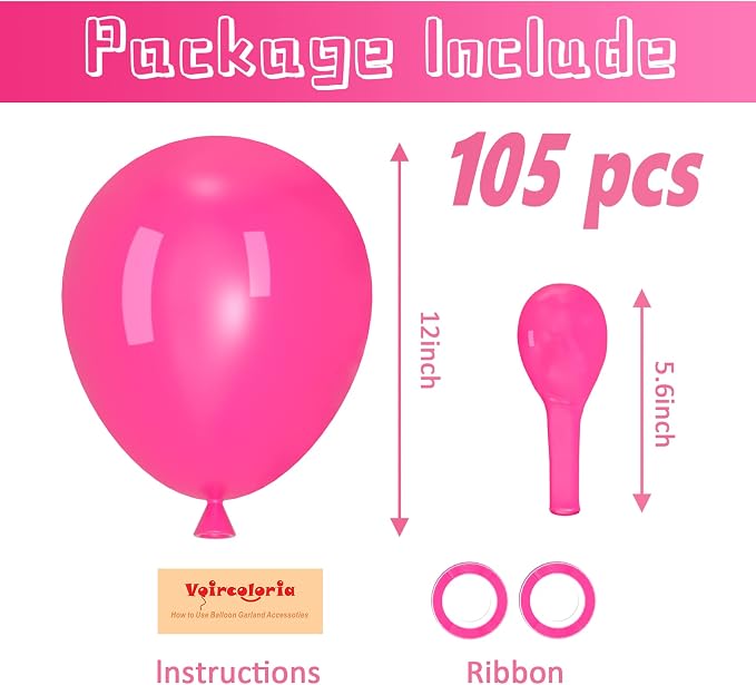 Voircoloria 105pcs Hot Pink Balloons 12inch Dark Pink Balloons for Birthday Graduation Baby Shower Wedding Anniversary Princess Theme Party Valentine's Day Decorations