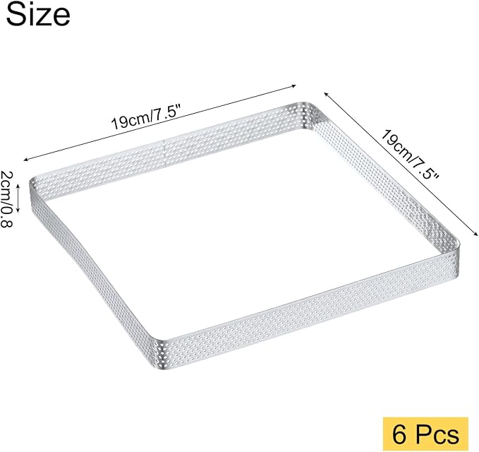 uxcell Square Perforated Cake Rings 7.5 x 7.5 Inch Stainless Steel Cake Pastry Mousse Ring Molds for DIY Cake Dessert Mousse Pastries Baking, Silver Tone