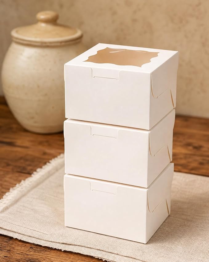 Bakepacker 400pcs White Bakery Boxes with Window 4"x 4"x 2.5" Thick & Cookie Boxes & Sturdy Macaroon Pastry