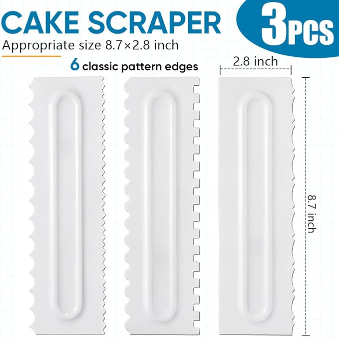 SenseYo 3 Pcs Cake Scraper Smoother 9 Inch Plastic Cream Decorating Comb Sided Patterned Edge Stripe DIY Tools for Icing Mousse Butter Frosting Baking Projects White