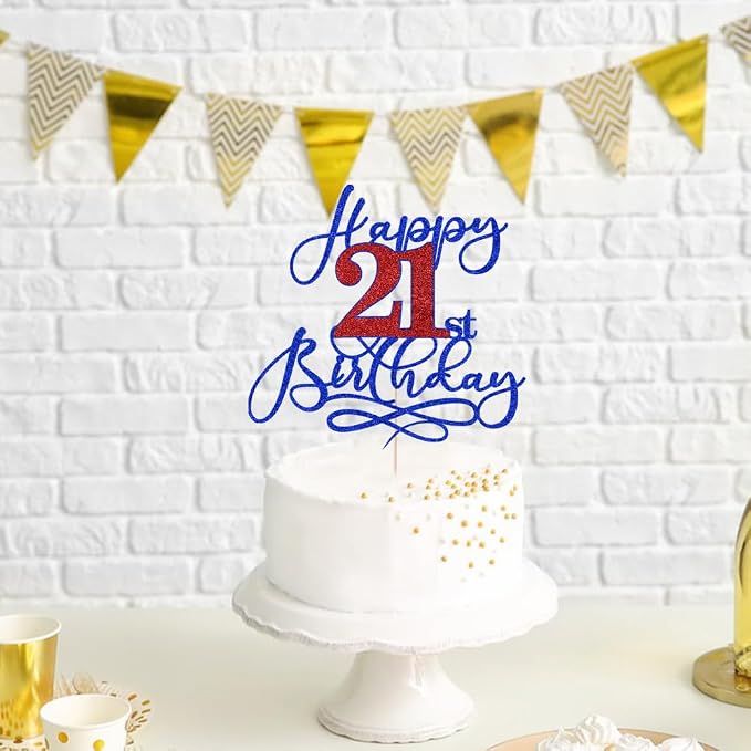 Happy 21st Birthday Cake Topper,Deep blue font red Numbers 21st Birthday Cake Decoration,Hello Twenty-one years old, Cheers to 21 Years/21st Anniversary, Fabulous Party Decoration
