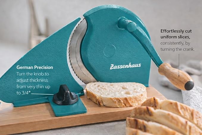 Zassenhaus Original Classic Adjustable Bread Slicer for Uniform Slices - Bread Slicer for Homemade Bread - 18/8 Stainless Steel Blade Sourdough Cutter-Water Blue 11.75" x 8"