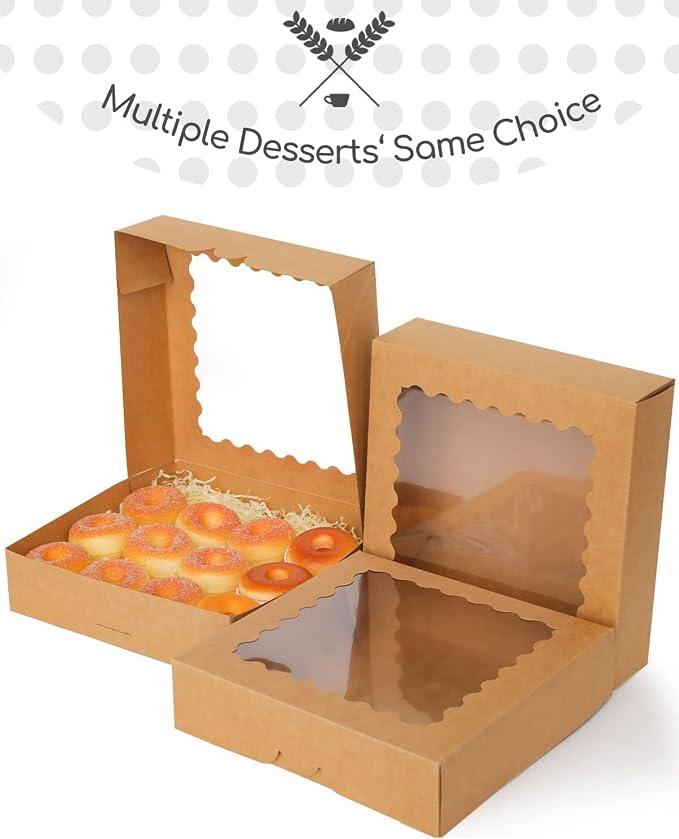 qiqee Auto-pop Up 30pcs Pie Box With Window 9x9x2.5 Inch Donut Pastry Boxes Brown Bakery Box