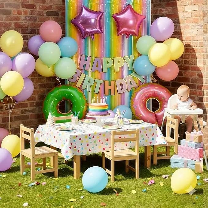 Pastel Birthday Decoration Kit Happy Birthday Banner Macaron Fringe Curtains Green Pink Candy Donut Star Foil Balloon Rainbow Colorful Double Stuffed Balloons for Girls Baby Shower Easter Party Decor