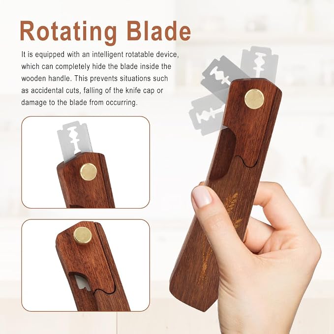 Wooden Bread Dough Scoring Lame, Upgraded Handcrafted Sourdough Bread Scoring Tool with 10 Pack Razor Blades and 4 Pcs Finger Cots, Professional Baking Accessory (Brown)