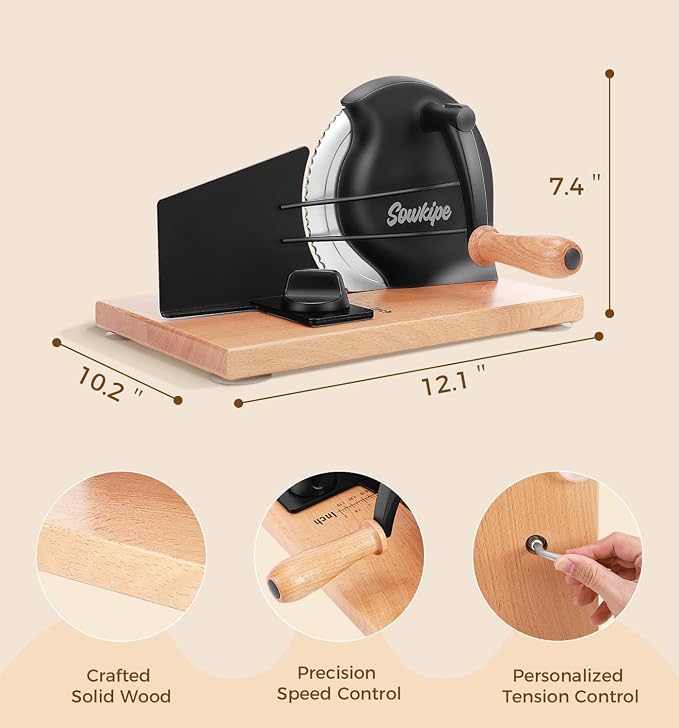 SOWKIPE Upgraded Manual Bread Slicer for Homemade Sourdough Bread, Adjustable Thickness Hand Crank Bread Cutter with Metal Guide, Scale Line, Even Slices, Suction Cups, Cover (Black)