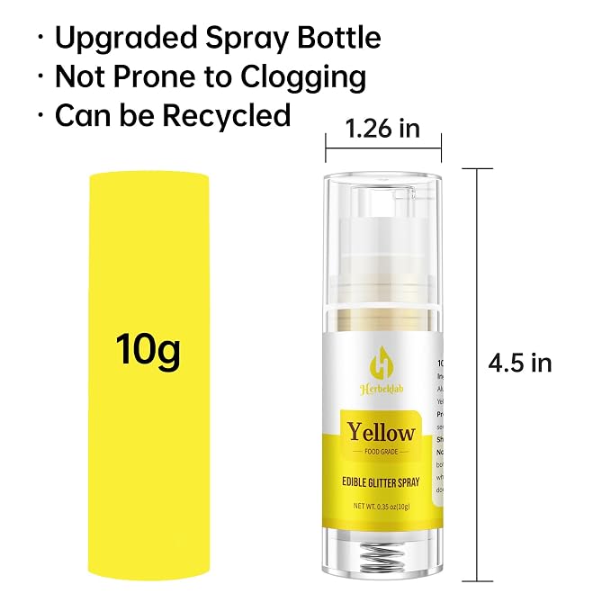 Yellow Edible Glitter Spray – Herbeklab 10g Food Grade Edible Shimmer Spray for Cakes, Cookies, Chocolate, Strawberries, Drinks and Cocktails– Upgraded Bottle Design