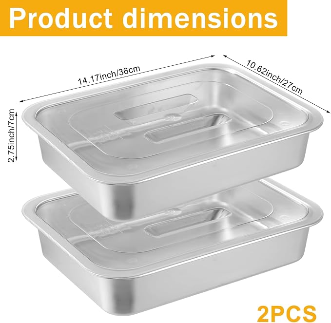2 Pcs Pizza Dough Proofing Box -14.1x10.6 Inch Stainless Steel Pizza Dough Trays with Clear Lid, Household Pizza Bread Proofing Storage Container, Fits 4-6 Dough Balls