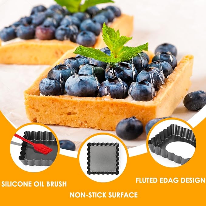 Mini Tart Pans Square 4 Inch 6Pcs with Removable Bottom, Nonstick Quiche Pan Mini Pie Pans with Oil Brush&Silicone Scrubber, Tart Pan with Fluted Side, Quiche Bakeware for Oven