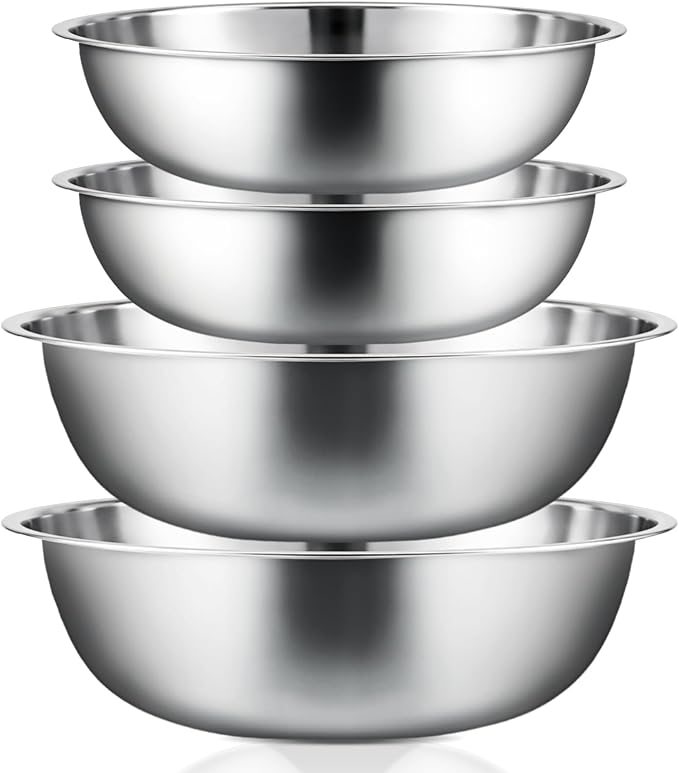 Domensi Stainless Steel Mixing Bowls Set - 4-Piece Polished Mirror Nesting Bowls 2 Pcs 8-Quart and 2 Pcs 16-Quart Flat Base Ideal for Kitchen, Cooking, Baking and Storage, Shallow