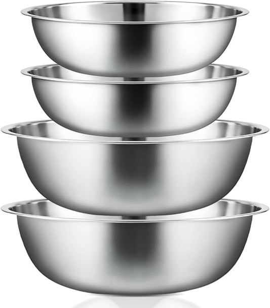 Domensi Stainless Steel Mixing Bowls Set - 4-Piece Polished Mirror Nesting Bowls 2 Pcs 8-Quart and 2 Pcs 16-Quart Flat Base Ideal for Kitchen, Cooking, Baking and Storage, Shallow