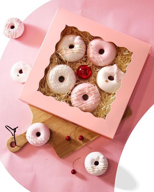 qiqee 10"x 10"x 2.5" Pink Pie Boxes with Window 50Packs Cookie Donut Bakery Box (Auto-pop Up)