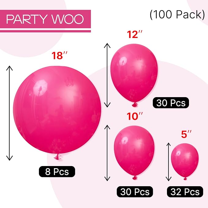 PartyWoo Hot Pink Balloons 100 pcs Different Sizes of 18 12 10 5 Inch Magenta Fuchsia Balloon Arch Kit Garland for Baby Shower Wedding Bridal Shower Anniversary Birthday Party Decorations Pink-Y12