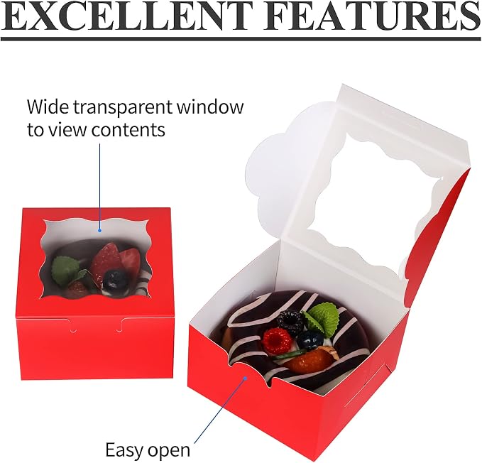 KPOSIYA 60 Pcs Red Bakery Boxes with Window Individual Cupcake Boxes 4x4x2.5 Inches Cookie Boxes Kraft Paper Red Gift Box for Pastries, Cookies, Pie, Donuts, Macaroon