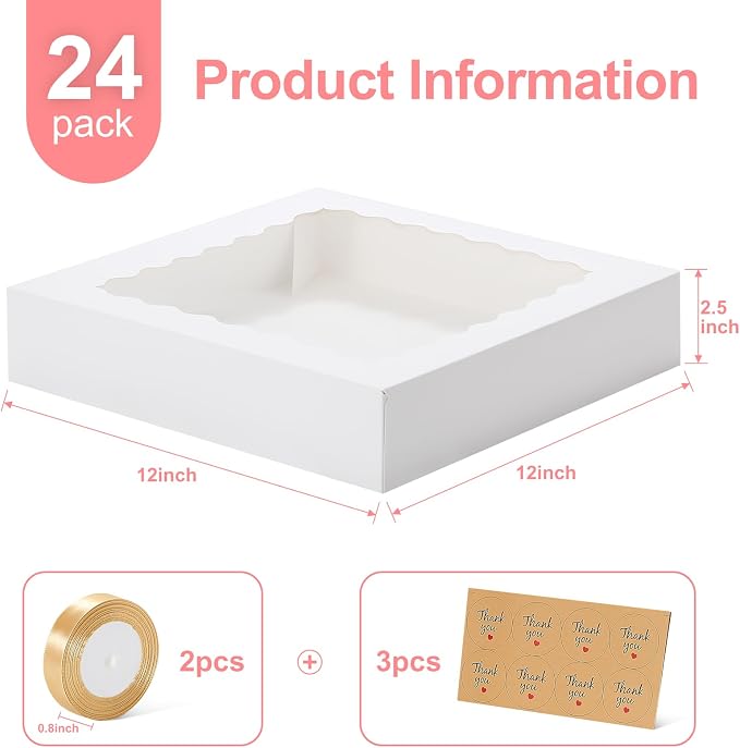 24 Pack Pie Boxes, 12x12x2.5 Inch Bakery Boxes with Window, White Auto-Popup Cookie Box with Ribbon and Sticks for Treats, Pies, Muffins, Donuts and Pastries