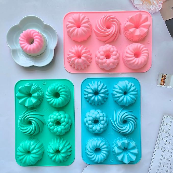 3pcs Silicone Donut Baking Molds,Multicolor Doughnut Pans,6-Cavity Designs Donut Flower And Swirl Shaped,Suitable for Crafting Delectable Desserts