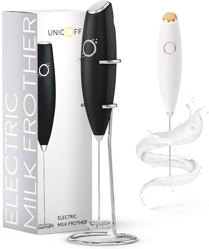 Unicoff Handheld Milk Frother with Stand – Electric Milk Frother for Coffee, Latte, Cappuccino & Matcha – Battery Operated Drink Mixer, BPA-Free Stainless Steel Whisk, Portable Mini Foam Maker (Black)