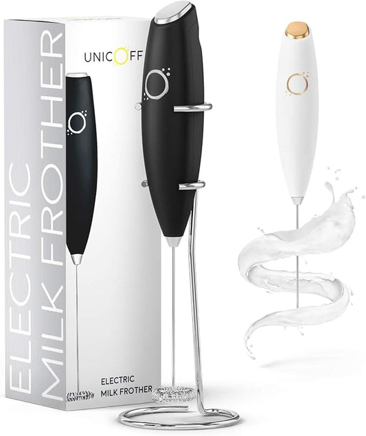Unicoff Handheld Milk Frother with Stand – Electric Milk Frother for Coffee, Latte, Cappuccino & Matcha – Battery Operated Drink Mixer, BPA-Free Stainless Steel Whisk, Portable Mini Foam Maker (Black)