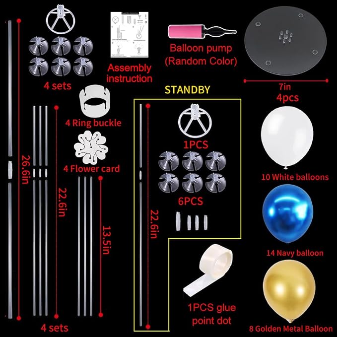 TONIFUL 4 Set White Blue Gold Balloon Centerpieces for Table,Balloon Bouquet Kit for Retirement,Baby Boy Baptism Party,Class of 2026 Graduation Decoration,Birthday Decorations