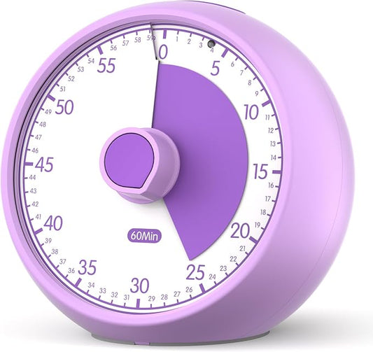 Visual Timer for Kids 60-Minute Countdown Timer with Optional Alarm, Focus Tool for ADHD & Autism, Time Management for Homework, Chores, Office, Kitchen, Teaching & Study Routines (Purple)