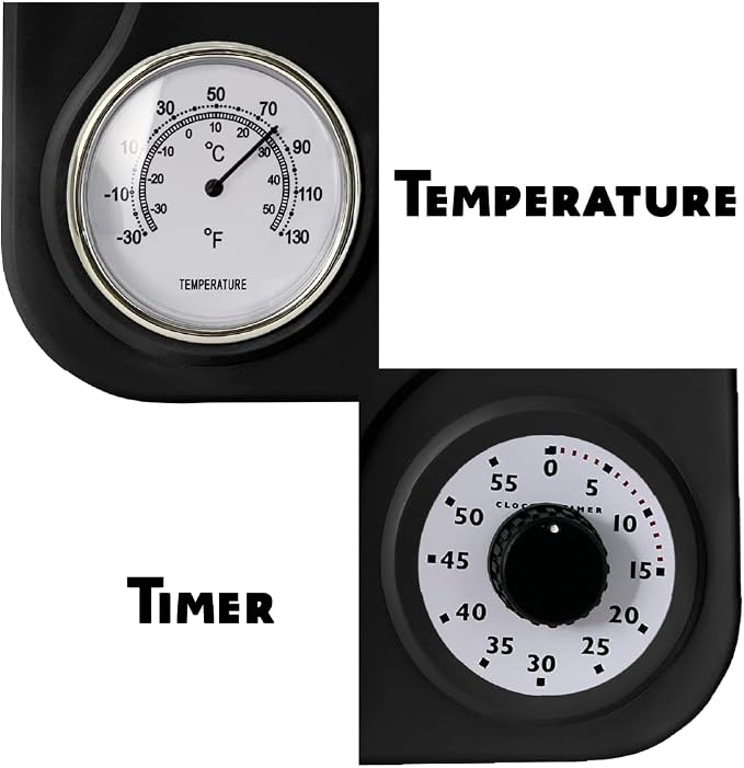 Lily's Home - 9 Inch x 12.5 Inch - Retro Kitchen Wall Clock, Vintage Wall Clock with a Thermometer and 60-Minute Timer, Ideal for Any Kitchen, Office, or Diner (Black)