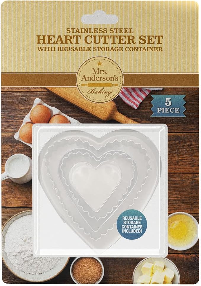 Mrs. Anderson’s Baking Cookie Fondant Cutters, Graduated Hearts, Stainless Steel, 5-Piece Set with Storage Container