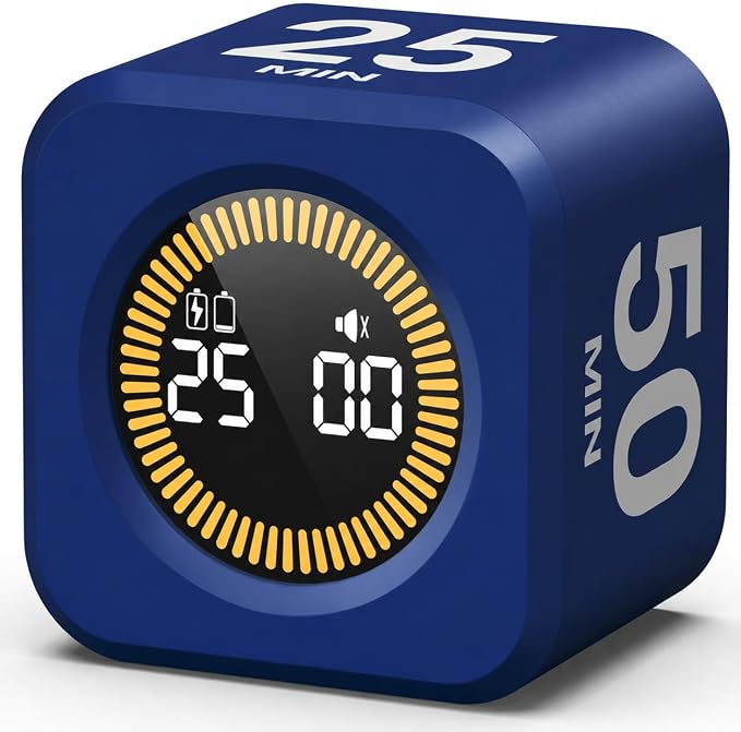KADAMS Timer Pomodoro - Productivity Pomodoro Cube, 5/10/25/50 Min Countdown & Countup, Silent – for Work Study Workout Kitchen School Classroom Office ADHD Gift Kids (1, Navy Blue)