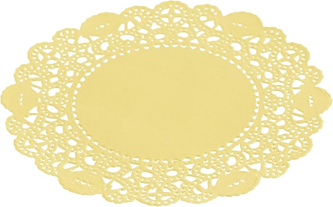 Pastry Tek 4 x 4 Inch Paper Lace Doilies, 100 Disposable Table Doilies - Elegant Lace Finish, Long Lasting, Yellow Paper Doily, for Pastries, Cupcakes, Desserts - Restaurantware