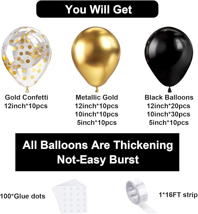 Bezente Black Gold Balloons Garland Kit, 100Pcs Black Gold Metallic Chrome and Gold Confetti Balloons Arch with Tape for New Year 2026,Wedding, Birthday,Graduation,Special Events Party Decoration