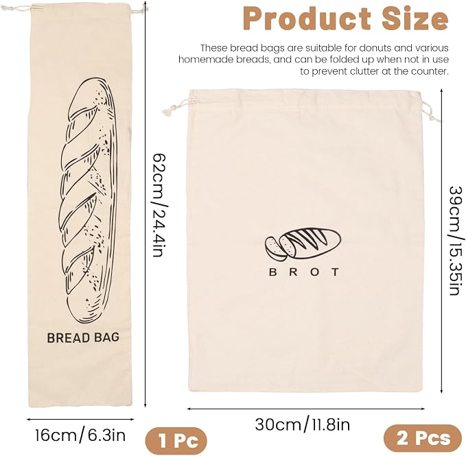 Huakaile 3 Pieces Linen Black Sourdough Bread Bags Baguettes 24" x 6" & 11" x 15", Reusable Homemade Bread Storage to Keep Fresh, Large Food Wraps Sourdough Baking Supplies for Kitchen Baker