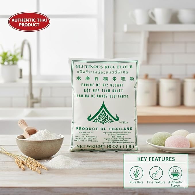 Thairaya Glutinous Rice Flour 16 Ounce Sticky Rice Flour for Mochi, Tangyuan For Baking, Cooking, and Asian Treats Product of THAILAND, All Natural Vegan Gluten free (Pack of1) sticky rice organic flour shiratamako harina de arroz glutinoso mochiko flo...