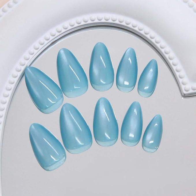 30Pcs French Press on Nails Short Almond ZWENJIE Cat Eye Fake Nails Press ons Nail Tips Stick on Nails Glossy Acrylic Nails Kit False Nails with Light Brown Design Nail Art for Women Glitter Manicure