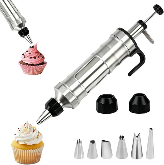 Dessert Decorating Syringe Set, Stainless Steel Frosting Piping Kit with 2 Tip Couplers & 6 Decorating Piping Tips Icing Piping Kit Cupcake Decorating Kit Cake Decorating Tools (Black)