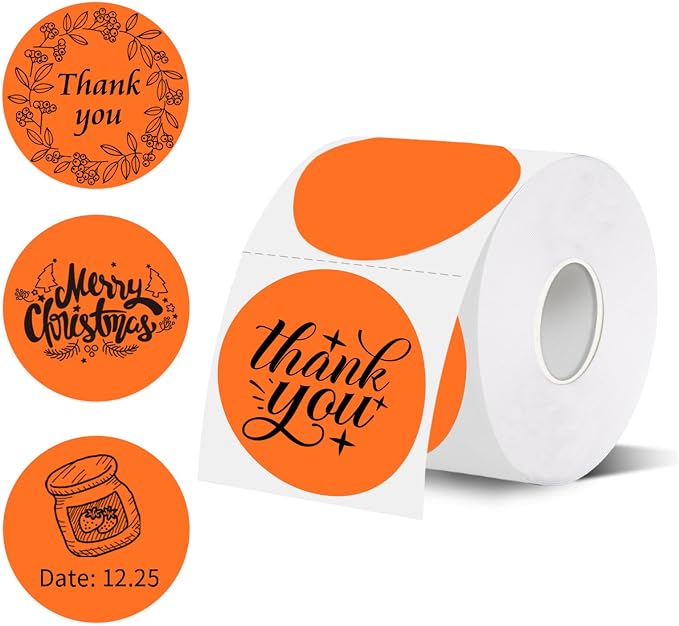 Thermal Labels,2 Inch Orange Round Thermal Printer Stickers,Self-Adhesive Round Direct Thermal Labels,Thermal Stickers for DIY Logo Design,Name Tag (500/Roll