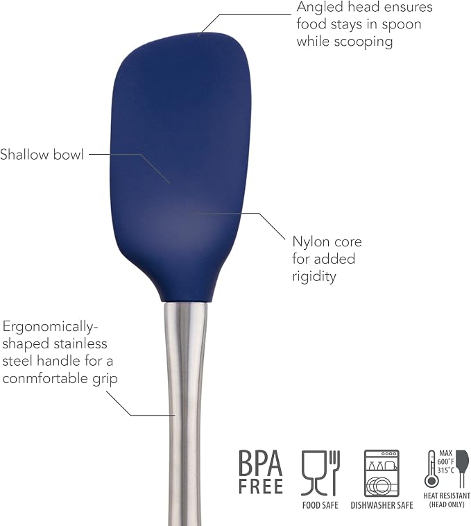 Tovolo Spoon Spatula Spoonula with Stainless Steel Handle Ergonomic Grip Deep Indigo, Silicone Scoopula Kitchen Utensil Non Scratch Easy Clean Dishwasher Safe Heat Resistant Flex Core Scoop Spatula