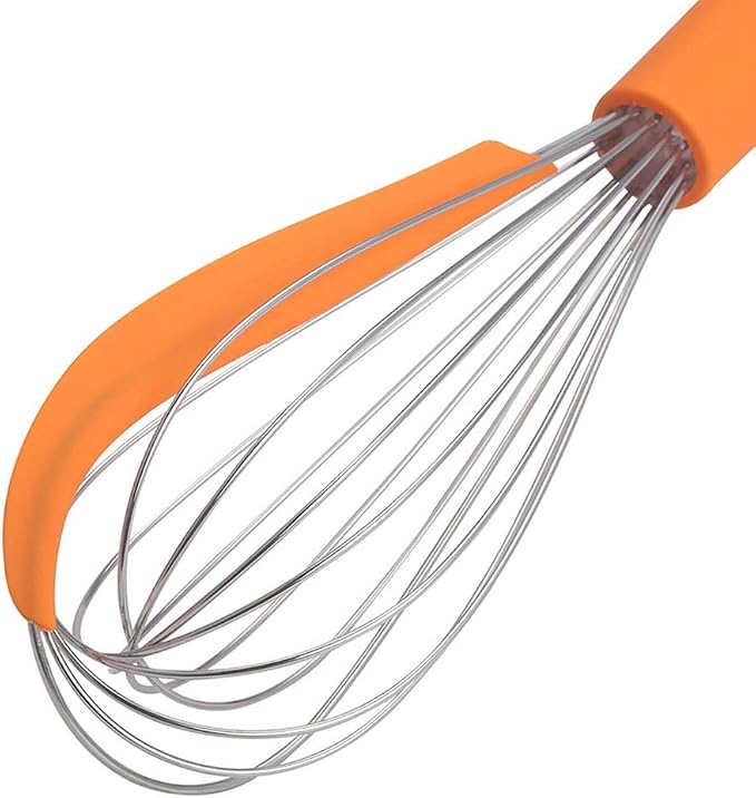 Silicone Wire Whisks Stainless Steel 12 inches Non Stick Orange Hand Dough Whisk Tiny Ballon Whisks for Cooking Matcha Tea Whisk with Spatulas