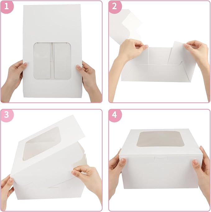 Moretoes 24pcs Cake Boxes, 10x10x5 Inches White Square Bakery Boxes with Window Cajas Pasteles for Cake, Mother's Day, Pastries, Chocolates, Cookies, Pie, Birthday Party, Wedding, Graduation