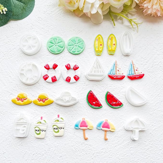 Summer Beach Polymer Clay Cutters Set Vacation Shapes Including Watermelon, Lemon, Sailboat, Surfboard & Beach Ball for DIY Earring Jewelry, Soft Clay Crafts, Scrapbooking & Miniature Decor