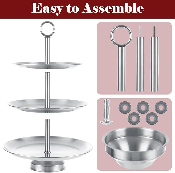 3 Tier Stainless Steel Cupcake Stand, Silver Cup Cake Tower Stand, Metal Serving Tray with Base, Tiered Cake Display Holder Dessert Stand for Table Decorations Wedding Party Birthday