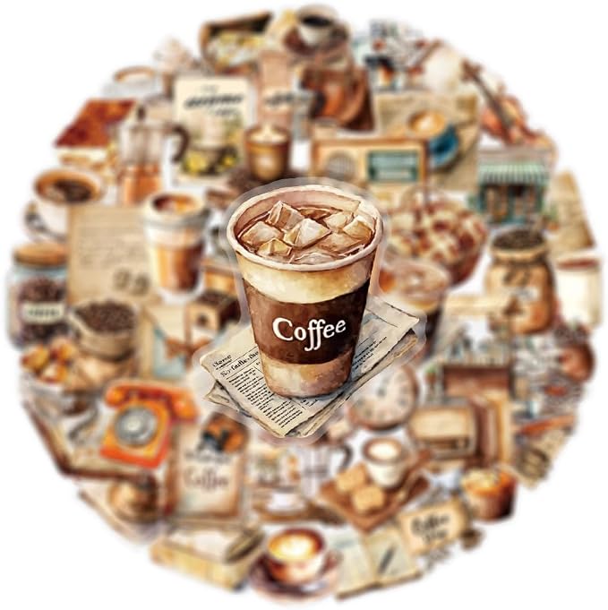 100 Pcs PET Transparent Vintage Coffee Stickers, Waterproof Vinyl Retro Coffee-Themed Decals for Laptop Skateboard Luggage, Watercolor Coffee & Daily Life Stickers Gift for Teens Adults(Retro coffees)