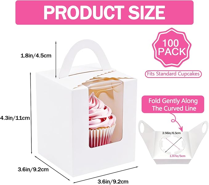 100 Pack Individual Cupcake Boxes, Single Cupcake Containers with Window, Inserts and Handle, White Cupcake Boxes for Muffins, Cupcakes, Donuts, 3.6 x 3.6 x 4.3 Inch
